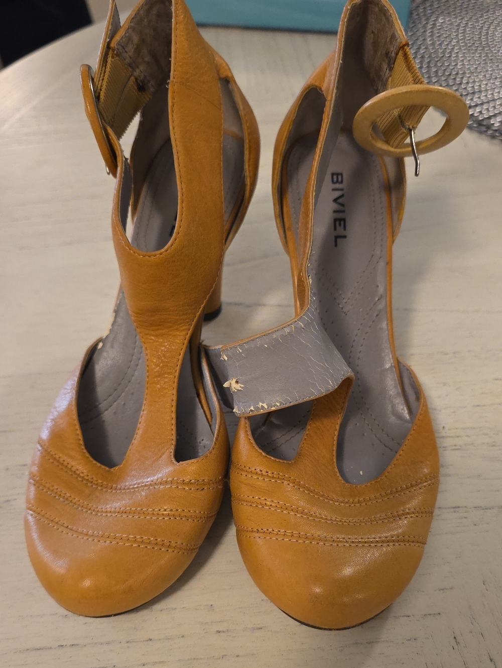 BIVIEL brand tan leather heels with a T-strap